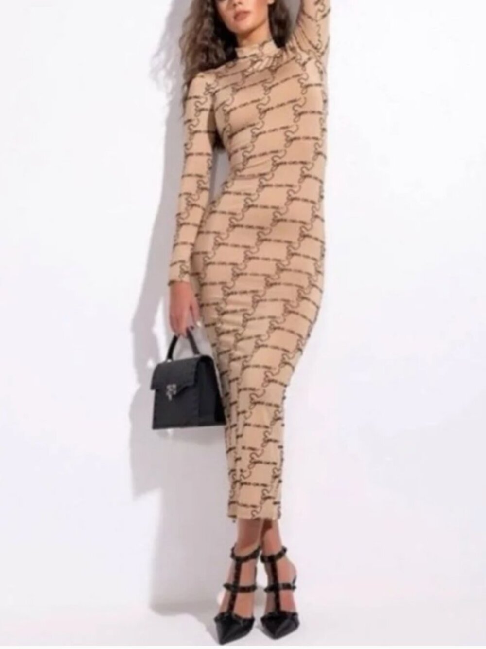 AKIRA Eyes On Me Mock Neck Bodycon Maxi Dress Long Sleeve Nude Script Print
